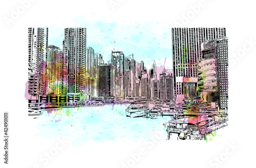 Building view with landmark of Dubai is the 
city in the United Arab Emirates. Watercolor splash with hand drawn sketch illustration in vector.
