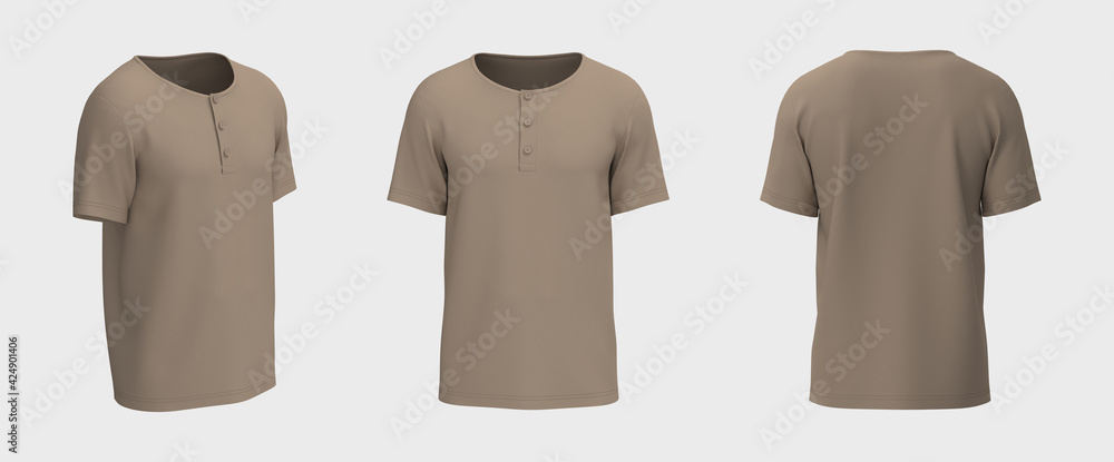 Blank short-sleeve henley t-shirt mockup. Front, back and side views, design presentation for print, 3d illustration, 3d rendering Blank short-sleeve henley t-shirt mockup. Front, back and side views, design presentation for print, 3d illustration, 3d rendering