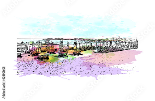 Building view with landmark of Dubai is the 
city in the United Arab Emirates. Watercolor splash with hand drawn sketch illustration in vector.