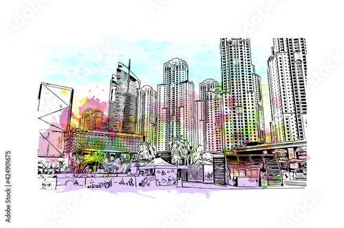 Building view with landmark of Dubai is the 
city in the United Arab Emirates. Watercolor splash with hand drawn sketch illustration in vector.