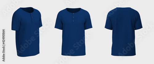 Blank short-sleeve henley t-shirt mockup. Front, back and side views, design presentation for print, 3d illustration, 3d rendering
