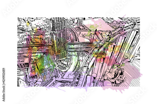 Building view with landmark of Dubai is the 
city in the United Arab Emirates. Watercolor splash with hand drawn sketch illustration in vector.