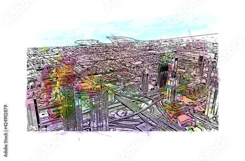 Building view with landmark of Dubai is the 
city in the United Arab Emirates. Watercolor splash with hand drawn sketch illustration in vector.