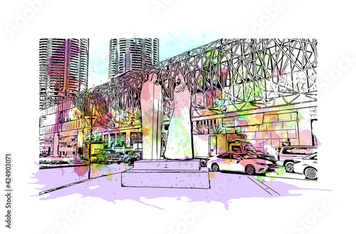 Building view with landmark of Dubai is the 
city in the United Arab Emirates. Watercolor splash with hand drawn sketch illustration in vector.