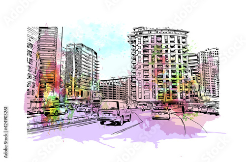 Building view with landmark of Dubai is the 
city in the United Arab Emirates. Watercolor splash with hand drawn sketch illustration in vector.