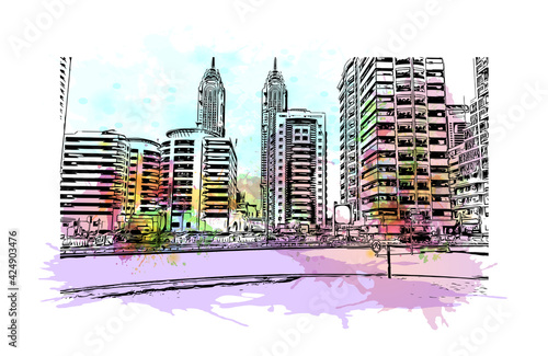 Building view with landmark of Dubai is the 
city in the United Arab Emirates. Watercolor splash with hand drawn sketch illustration in vector.