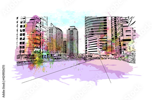 Building view with landmark of Dubai is the 
city in the United Arab Emirates. Watercolor splash with hand drawn sketch illustration in vector.