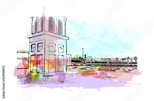 Building view with landmark of Dubai is the 
city in the United Arab Emirates. Watercolor splash with hand drawn sketch illustration in vector.