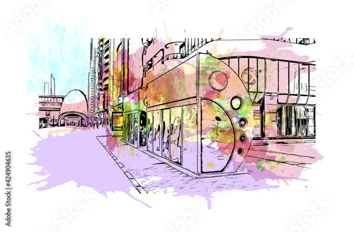 Building view with landmark of Dubai is the 
city in the United Arab Emirates. Watercolor splash with hand drawn sketch illustration in vector.