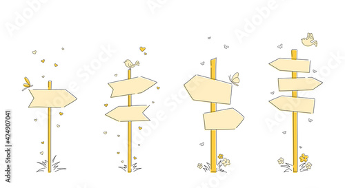 Kids road signs with little birds and butterfly.