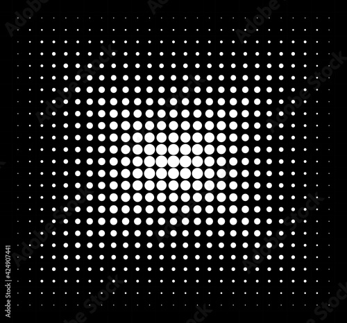 Patrón de círculos blancos crecientes con forma de equis sobre fondo negro