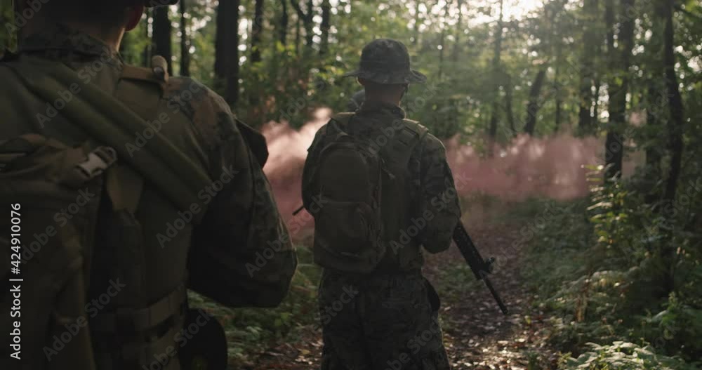 Soldiers squad in the smoke moving in battle operation through dense forest Soldiers squad in the smoke moving in battle operation through dense forest