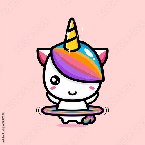 cartoon cute unicorn vector design is playing hula hoop