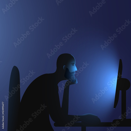 Internet addiction. A Caucasian hairless man with a beard sits at a computer late at night. Vector illustration of people immersion to networks and spending too much time on the internet.