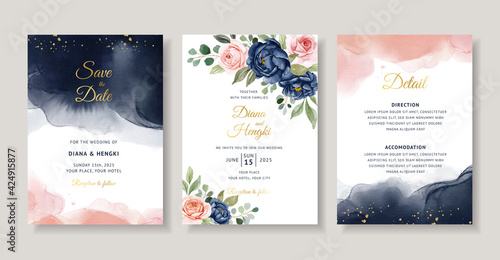 Navy peach floral watercolor wedding invitation card