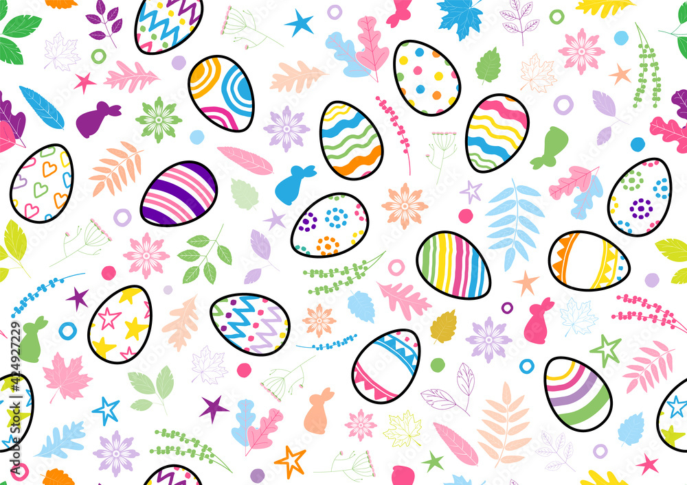 Sign and symbols of Easter day in doodle style and seamless pattern on white background. Seamless gift wrap and wallpaper of Easter day in vector design.