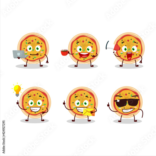 Greek pizza cartoon character with various types of business emoticons
