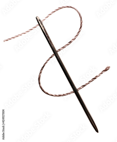 the needle with a thread is isolated by a close up on a white background. A thread in the sewing needle. Copy space.