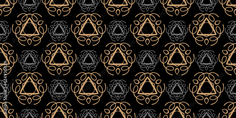 Abstract background pattern with gold geometric ornament on a black background. Seamless wallpaper texture for your design. Vector graphics Abstract background pattern with gold geometric ornament on a black background. Seamless wallpaper texture for your design. Vector graphics