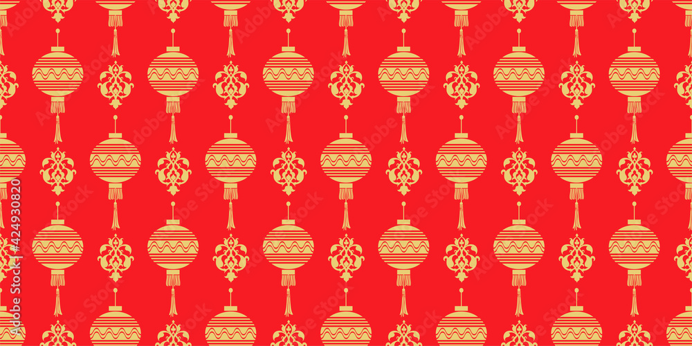 Chinese background pattern with gold ornaments in Asian style on a red background. Seamless wallpaper. Vector illustration Chinese background pattern with gold ornaments in Asian style on a red background. Seamless wallpaper. Vector illustration