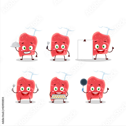 Cartoon character of sirloin with various chef emoticons