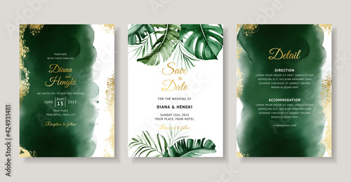Elegant green tropical watercolor wedding invitation card template