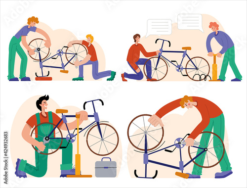 Bicycle repair. The mechanic repairs the bicycle, the mechanic inflates the wheels. Web graphics, banners, advertisements, business templates.