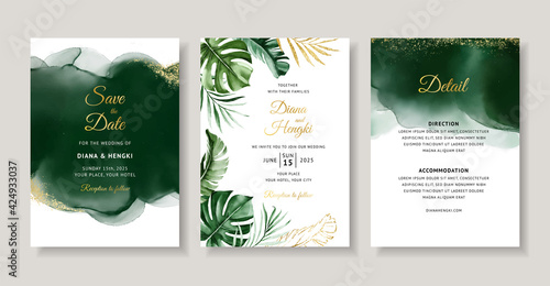 Elegant green tropical watercolor wedding invitation card template photo