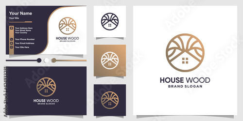 House wood logo with modern concept and business card design Premium Vector