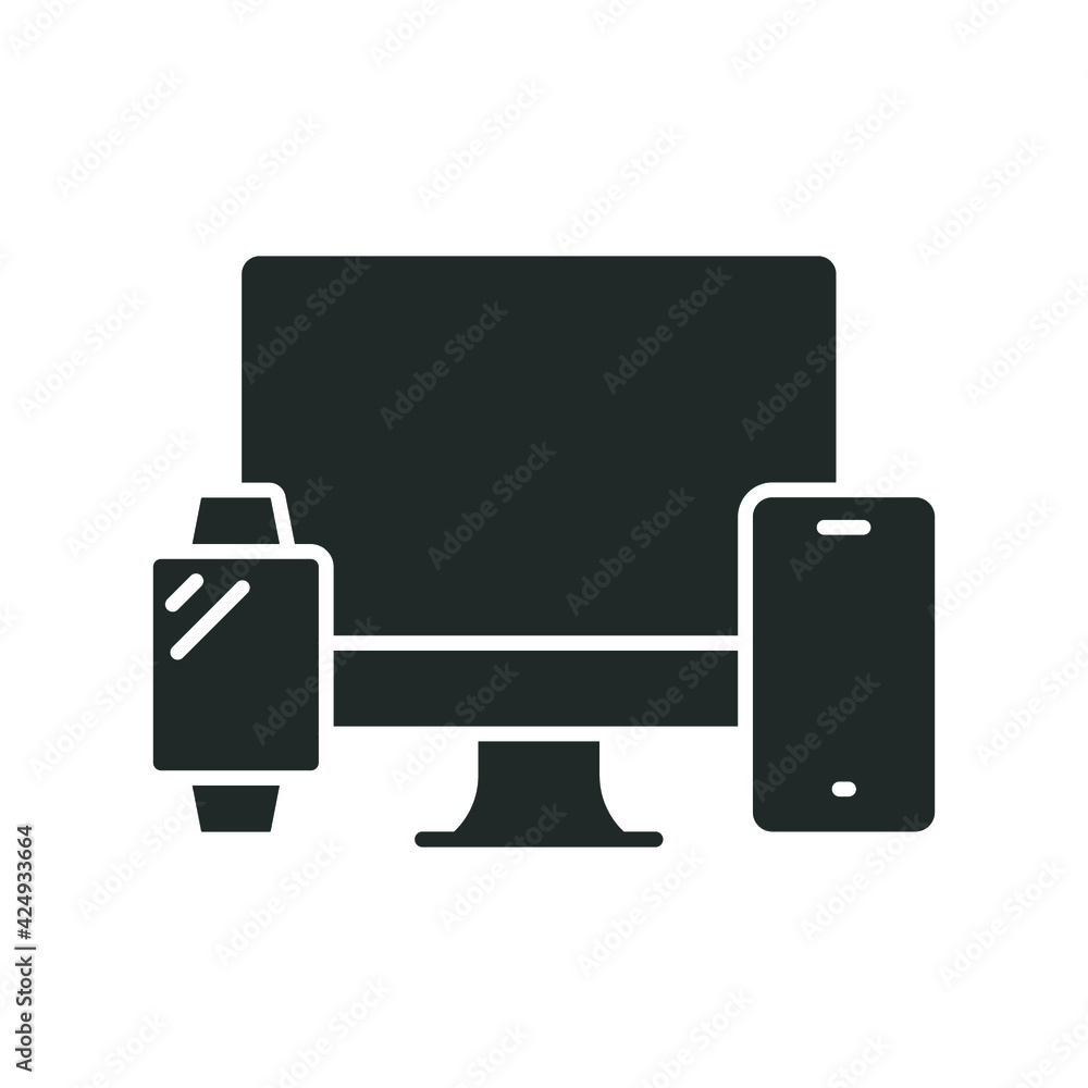 Computer monitor, smartwatch and mobile phone glyph icon. Simple solid style. Cloud connection between various smart devices concept. Vector isolated on white background. EPS 10. Computer monitor, smartwatch and mobile phone glyph icon. Simple solid style. Cloud connection between various smart devices concept. Vector isolated on white background. EPS 10.