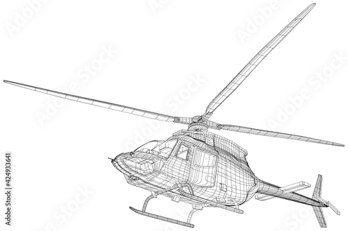 Close-up helicopter. Outline drawing of helicopter. Vector created of 3d, Wire-frame.