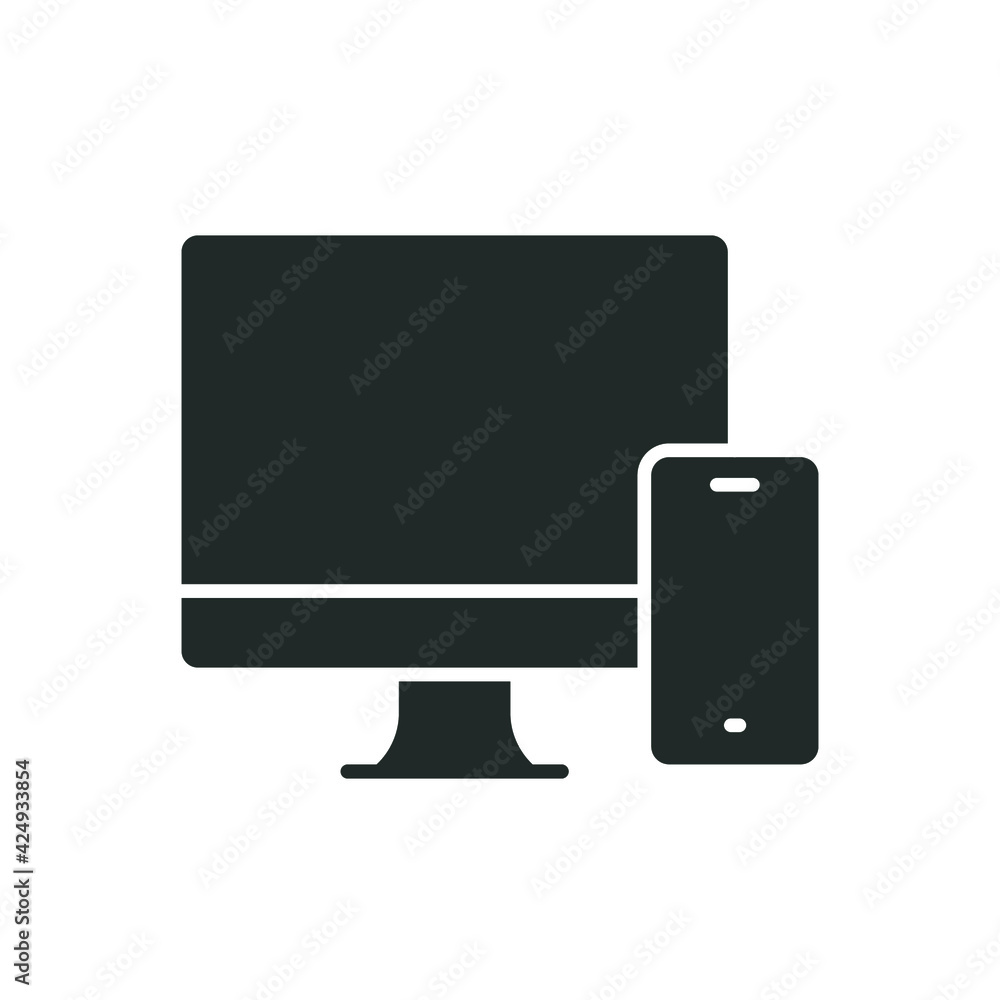 Computer and mobile phone glyph icon. Simple solid style. Desktop, device, monitor, display, smartphone, responsive concept. Vector illustration isolated on white background. Editable stroke EPS 10. Computer and mobile phone glyph icon. Simple solid style. Desktop, device, monitor, display, smartphone, responsive concept. Vector illustration isolated on white background. Editable stroke EPS 10.