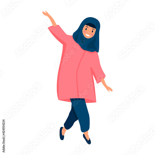 Muslim woman dancing in a blue headscarf. vector. EPS format