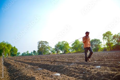 Indian farmer or labour Drip irrigation pipe assemble in agriculture field. rural scene.