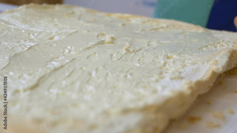 A little girl spreads snow-white cream on the cake with a spatula. Cookery concept. close-up.