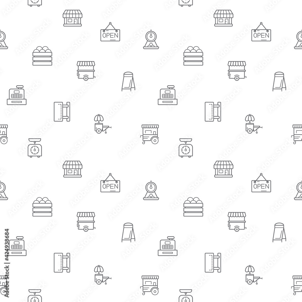 Seamless pattern with vendor and store icon on white background. Included the icons as shop, sign board, shopping, street food, vendor booth, food cart, market And Other Elements