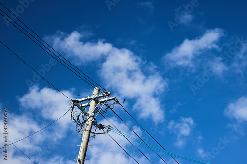 真っ青な青空と電信柱
