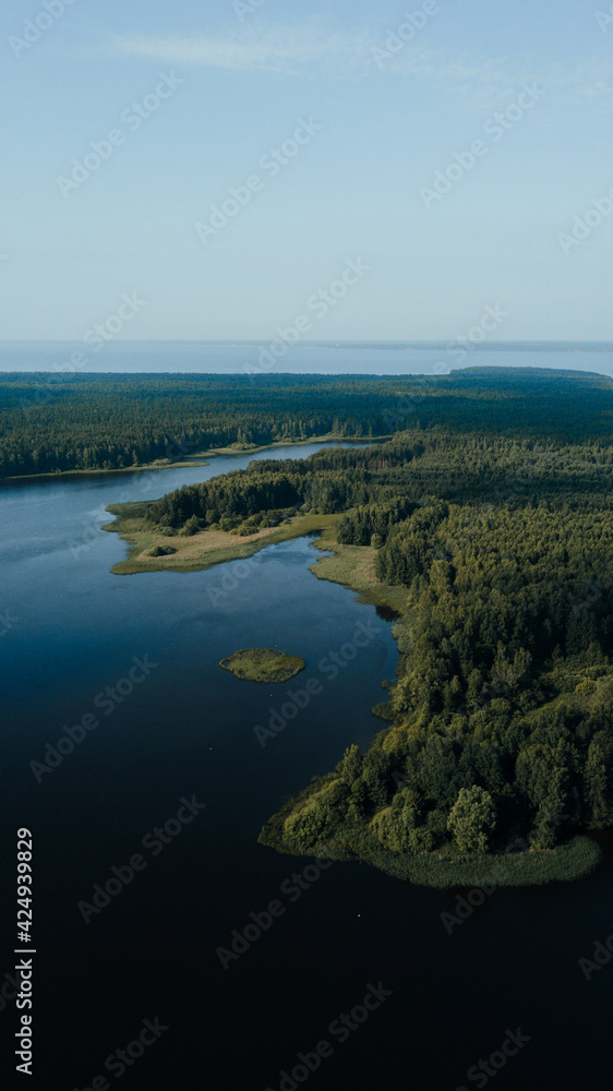 Beautiful aerial view of the landscape river in Russia. River Volga