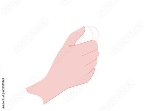 Hand holds cotton pad skin care hygiene products vector illustration on white background