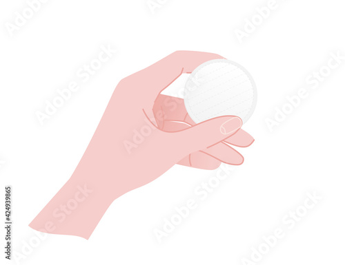 Hand holds cotton pad skin care hygiene products vector illustration on white background