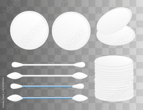 Set of cotton swabs and cotton pads ear stick buds healthy hygiene for human skin care hygiene products vector illustration on transparent background