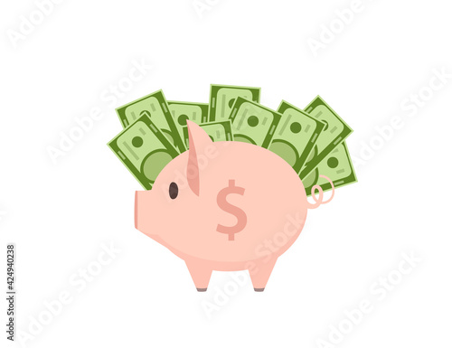 Pink piggy bank with paper dollars vector illustration on white background