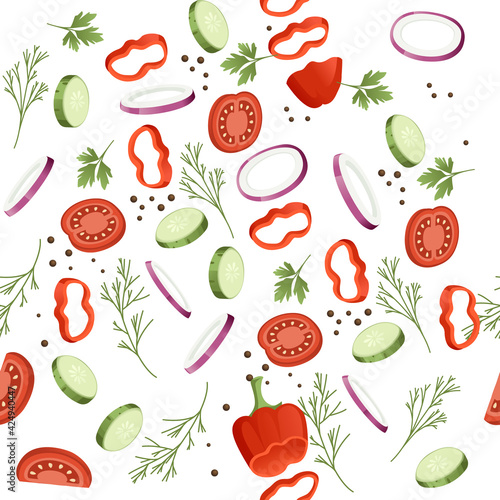 Seamless pattern sliced vegetables with pepper potato and carrot colored food icons for cooking vector illustration on white background