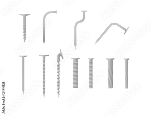 Set of metal bolts nails and screws iron hardware tools vector illustration isolated on white background