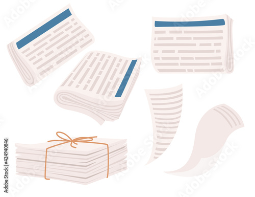 Set of pile newspapers bound with string vector illustration isolated on white background