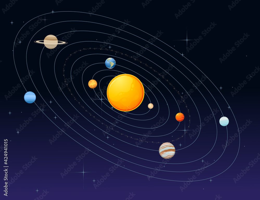 Solar system model with sun asteroid belt and planets space objects ...