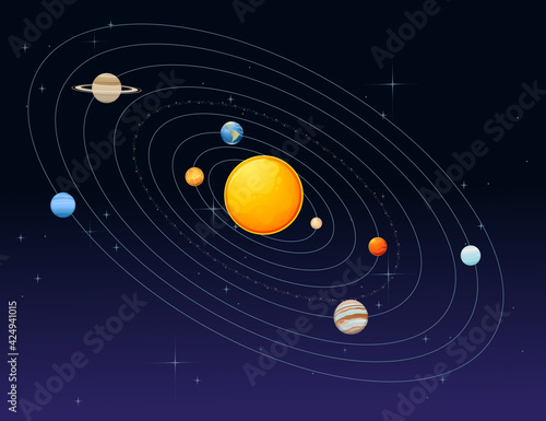 Solar system model with sun asteroid belt and planets space objects vector illustration on deep sky background
