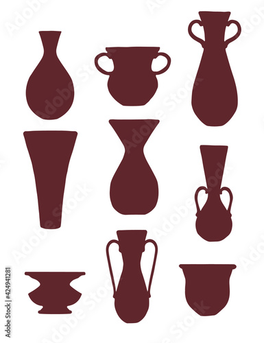 Brown silhouette set of decorative clay jugs modern jug design vector illustration isolated on white background