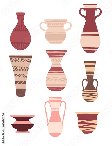Set of decorative clay jugs modern jug design vector illustration isolated on white background