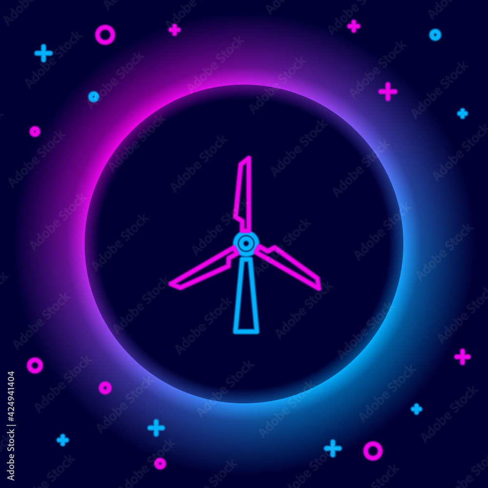 Glowing neon line Wind turbine icon isolated on black background. Wind generator sign. Windmill silhouette. Windmill for electric power production. Colorful outline concept. Vector